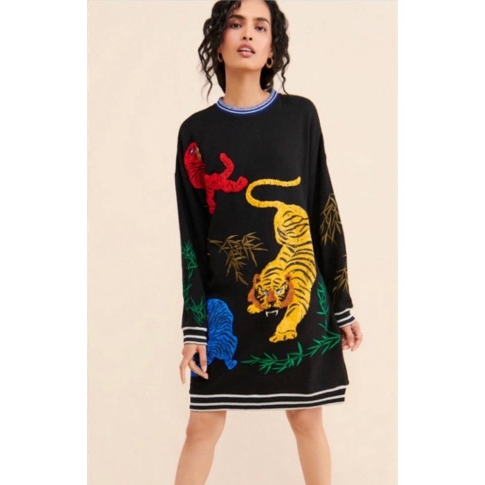 Anthropologie The Ugly Girl We Tigers Embroidered Sweatshirt Dress Black Mini L